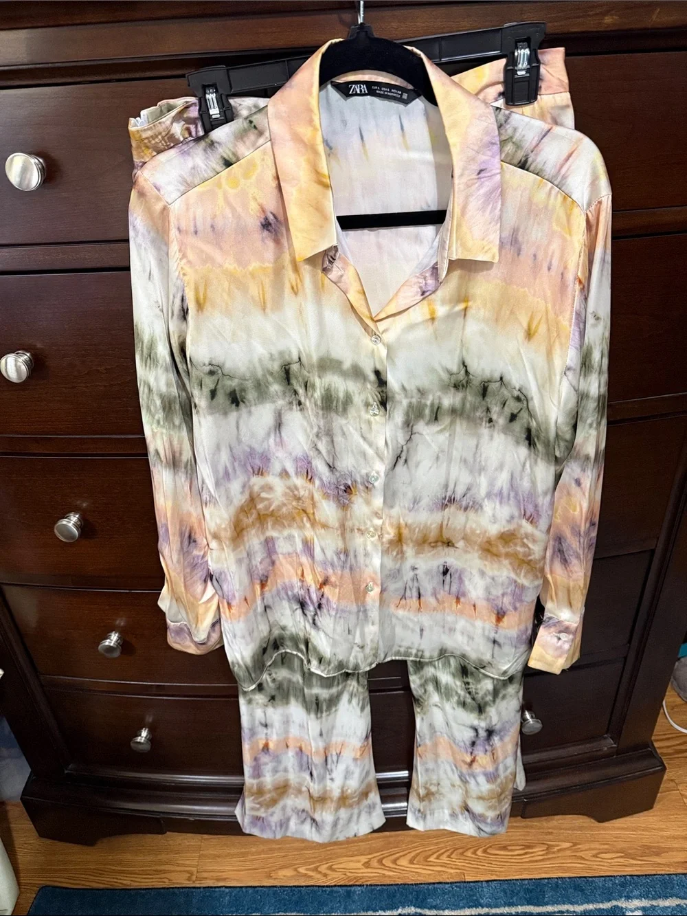 Zara Tie-Dye Satin Pants Pants Set - Peach,Green, Cream